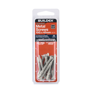 Buildex 10G x 45mm Class 3 Sheet Metal Screws - 12 Pack