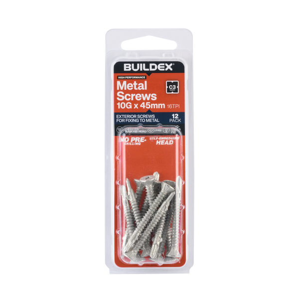 Buildex 10G x 45mm Class 3 Sheet Metal Screws - 12 Pack