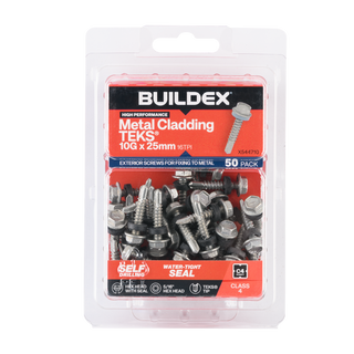 Buildex 10G x 25mm Class 4 Metal Cladding TEKS® Screws with Seal - 50 Pack