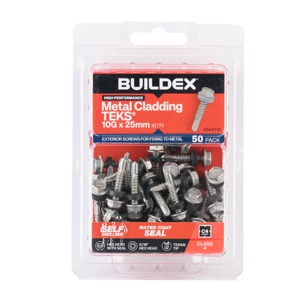 Buildex 10G x 25mm Class 4 Metal Cladding TEKS® Screws with Seal - 50 Pack