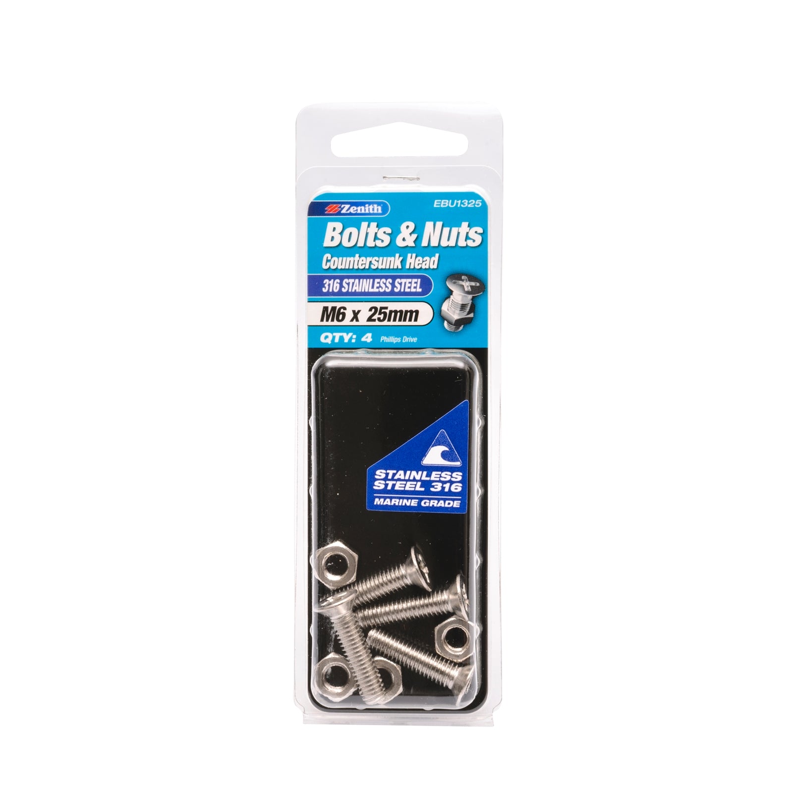 Zenith M6 x 25mm 316 Stainless Steel Countersunk Head Bolt And Nut - 4 Pack - Image 1 of 1