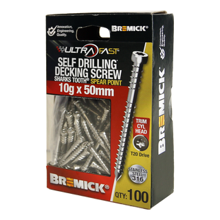 Bremick Ultrafast 10g x 50mm Stainless Steel 316 T20 Trim Head -100 Pack
