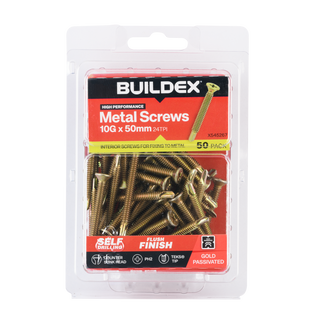 Buildex 10G x 50mm Gold Passivated Sheet Metal Screws - 50 Pack