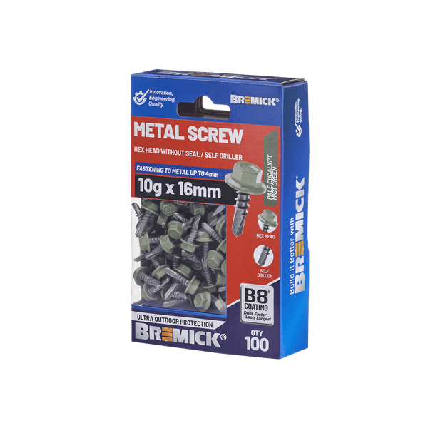 Bremick Metal Hex Screw 10g x 16mm B8 PE BOX 100
