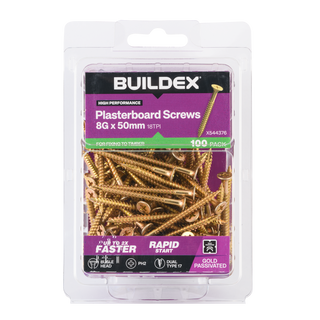 Buildex 8G x 50mm Gold Passivated Plasterboard Screws - 100 Pack