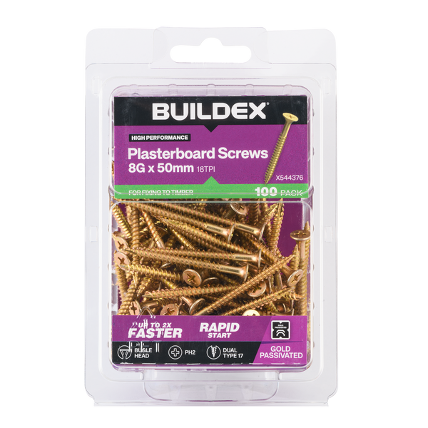 Buildex 8G x 50mm Gold Passivated Plasterboard Screws - 100 Pack