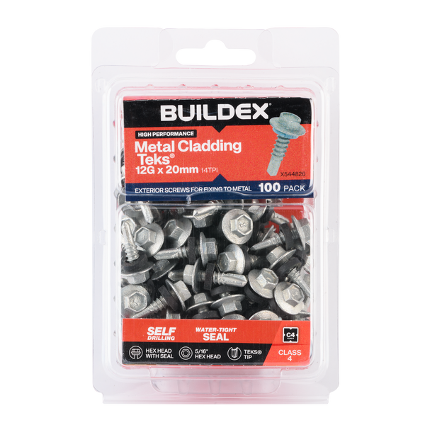Buildex 12G x 20mm Class 4 Metal Cladding TEKS® Screws with Seal - 100 Pack