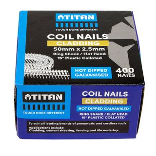 Titan 50 x 2.5mm Hot Dipped Galvanised Collated Coil Nail Ring - 400 Pack