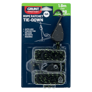 GRUNT 3mm x 1.8m Rope Ratchet Tie Downs - 2 Pack