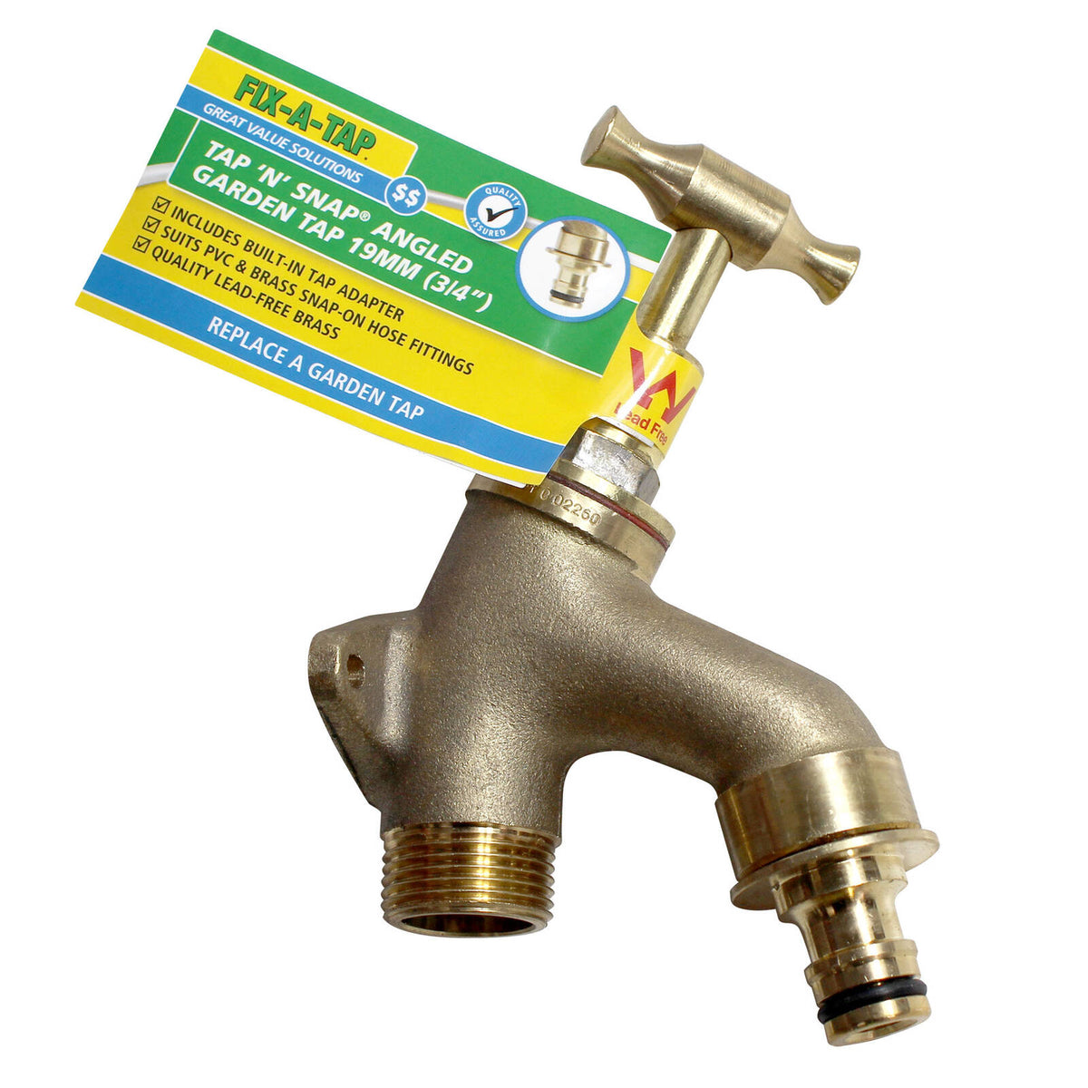 FIX-A-TAP 19mm 3/4" Lead-Free Brass T-Handle Angled Garden Tap 'N' Snap Tap with Back Plate - Image 3 of 3