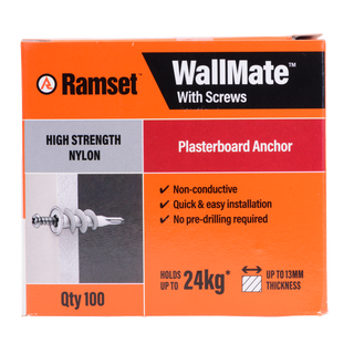 Ramset Nylon WallMate Plasterboard Anchor with Screws – 100 Pack