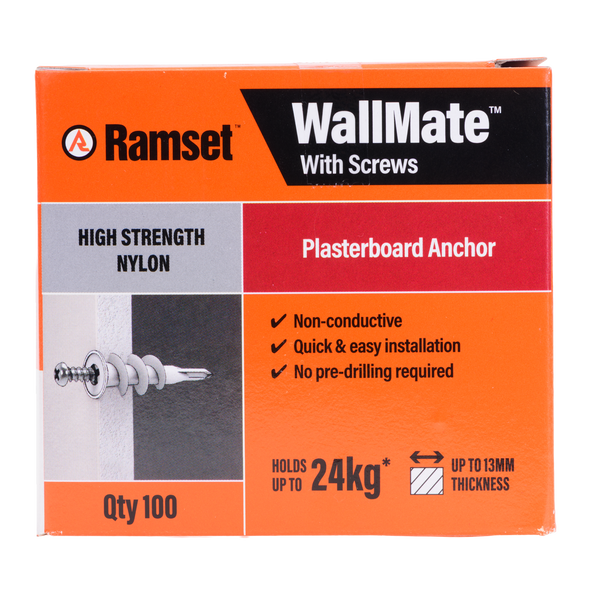 Ramset Nylon WallMate Plasterboard Anchor with Screws – 100 Pack