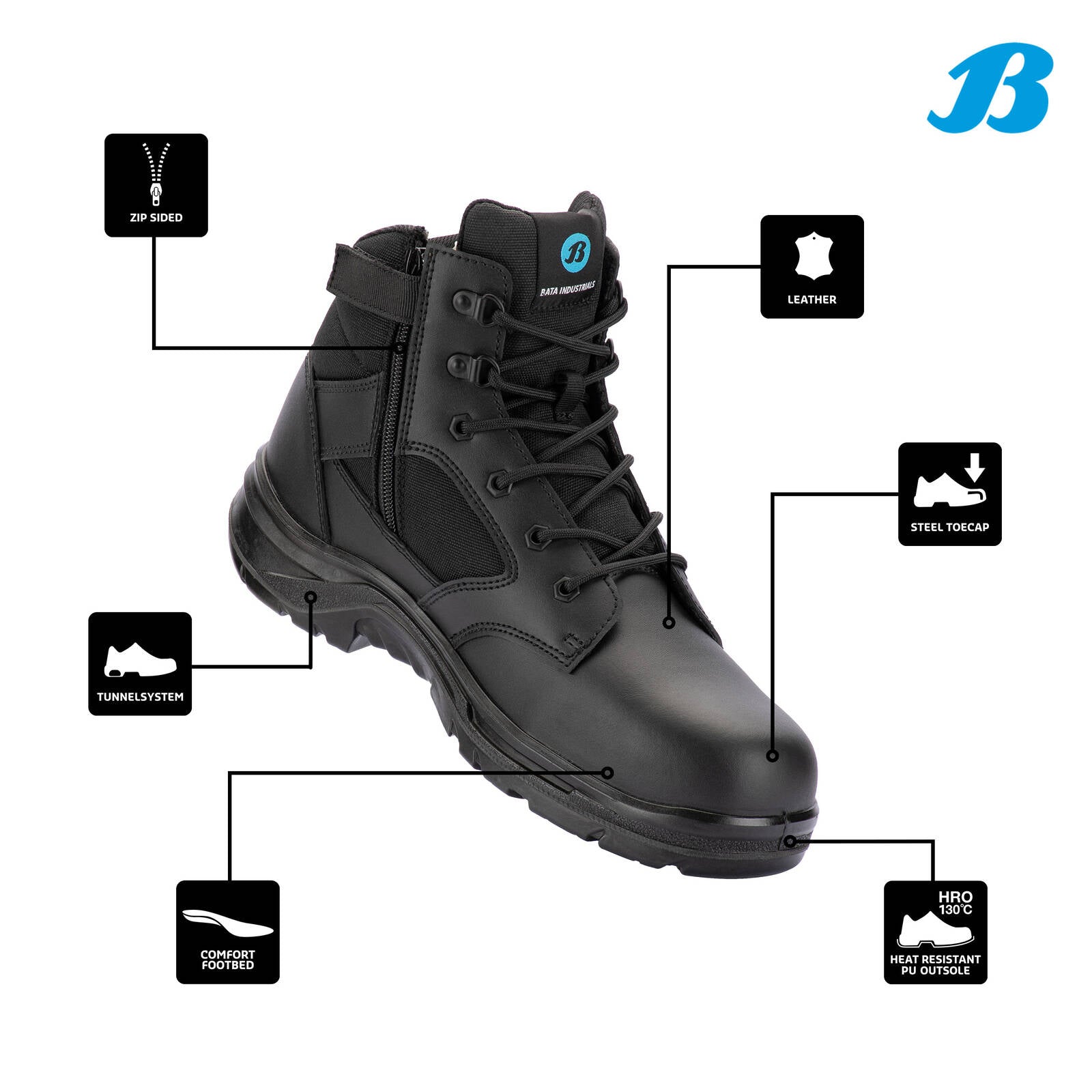 Bata Industrials Men's Black Bobcat Zip Side Safety Boot - UK Size 7 - Image 2 of 5