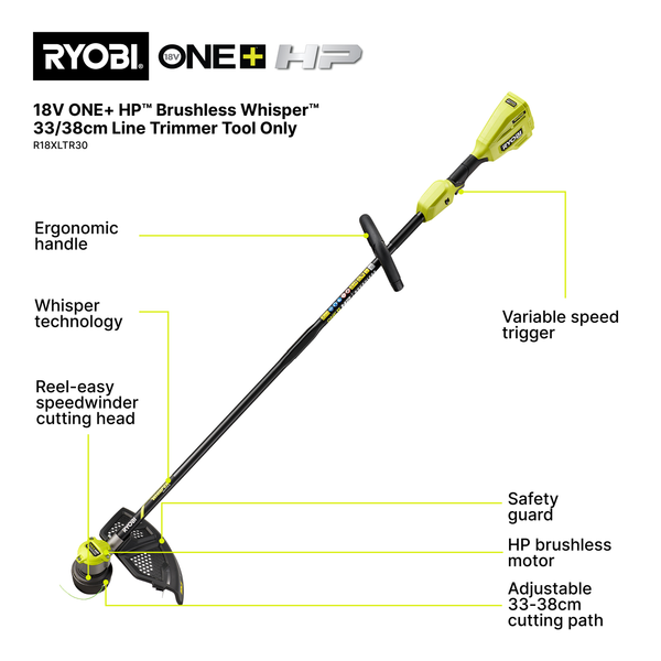 Ryobi 18V ONE+ HP 33/38cm Whisper Brushless Line Trimmer - Tool Only