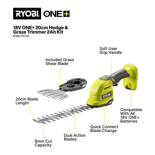 Ryobi 18V ONE+ Hedge And Grass Shears 2.0Ah Kit R18HTR132