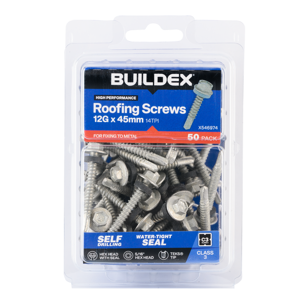 Buildex 12G x 45mm Class 3 Roofing TEKS® Screws with Seal - 50 Pack