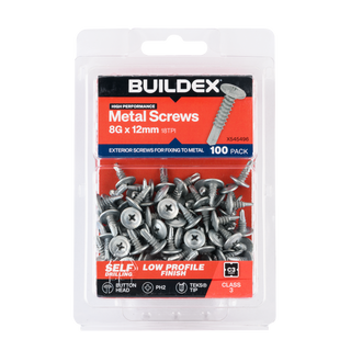 Buildex 8G x 12mm Class 3 Sheet Metal Screws (Button Head) - 100 Pack