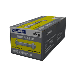 ZENITH M10 x 65mm Zinc Plated Cup Head Bolt and Nut - Each