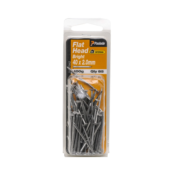 Paslode 40 x 2.0mm 100g Bright Steel Flat Head Nails - 85 Pack