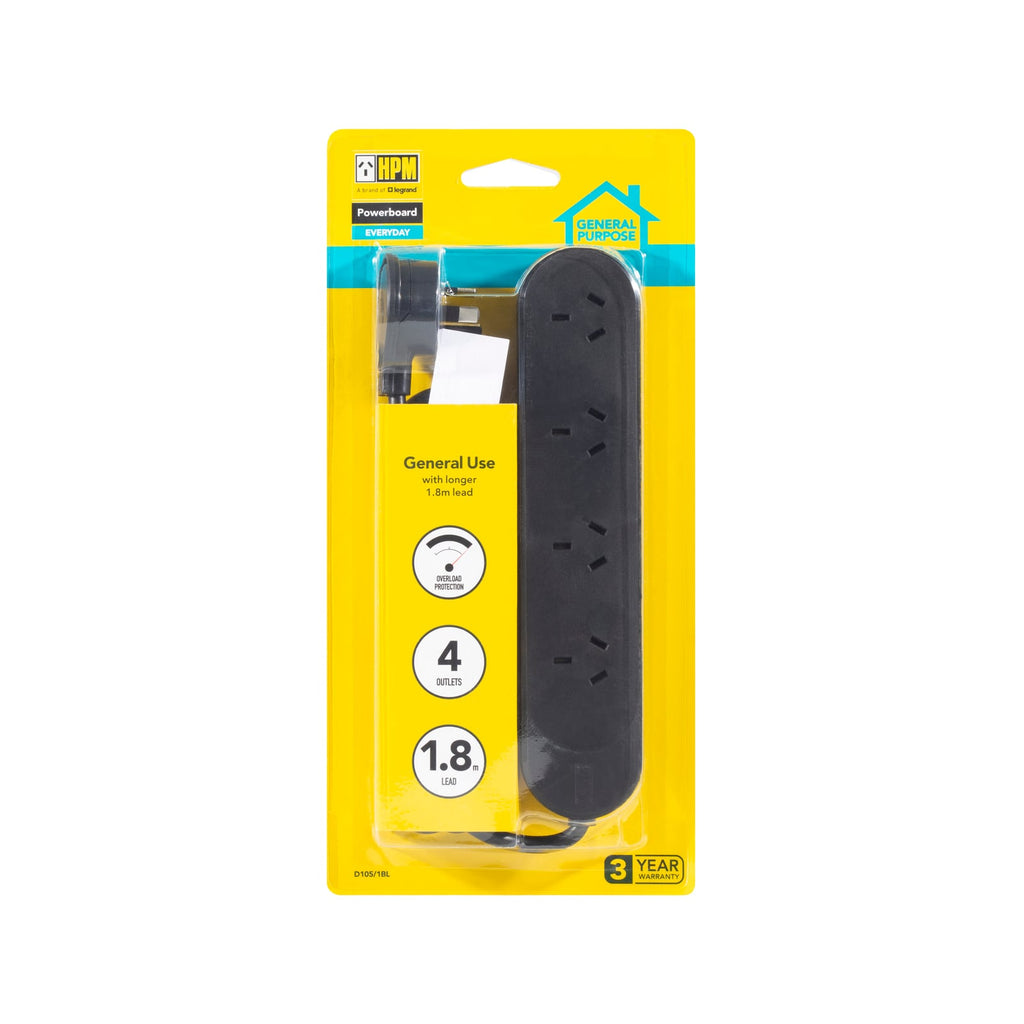 HPM Black 4 Outlet General Purpose Powerboard With 1.8m Lead - Image 3 of 3