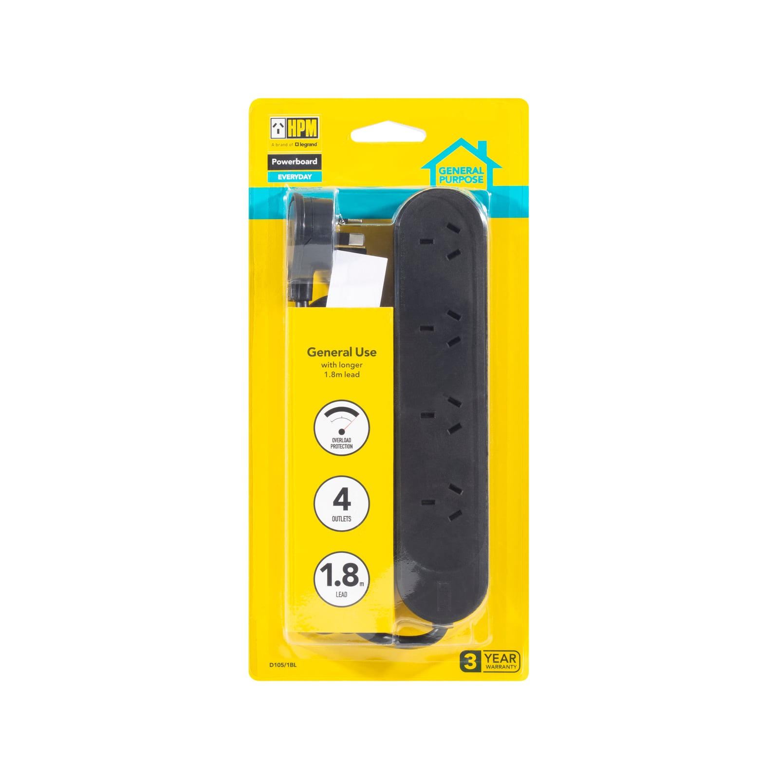 HPM Black 4 Outlet General Purpose Powerboard With 1.8m Lead - Image 3 of 3
