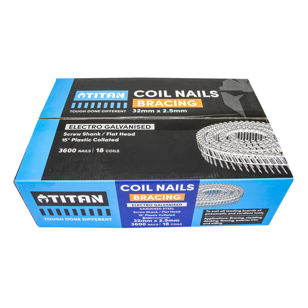 Titan 32 x 2.5mm Hardened Electro Galvanised Collated Coil Nail Screw - 3600 Pack - Image 1 of 5