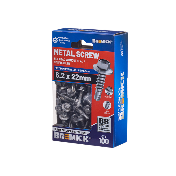 Bremick Metal Hex Screw 6.2 x 22mm B8 BOX 100