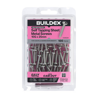 Buildex 10G x 25mm SS316 Self Tapping Sheet Metal Screws - 100 Pack