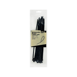 Click 250mm Black Releasable Cable Tie - 25 Pack