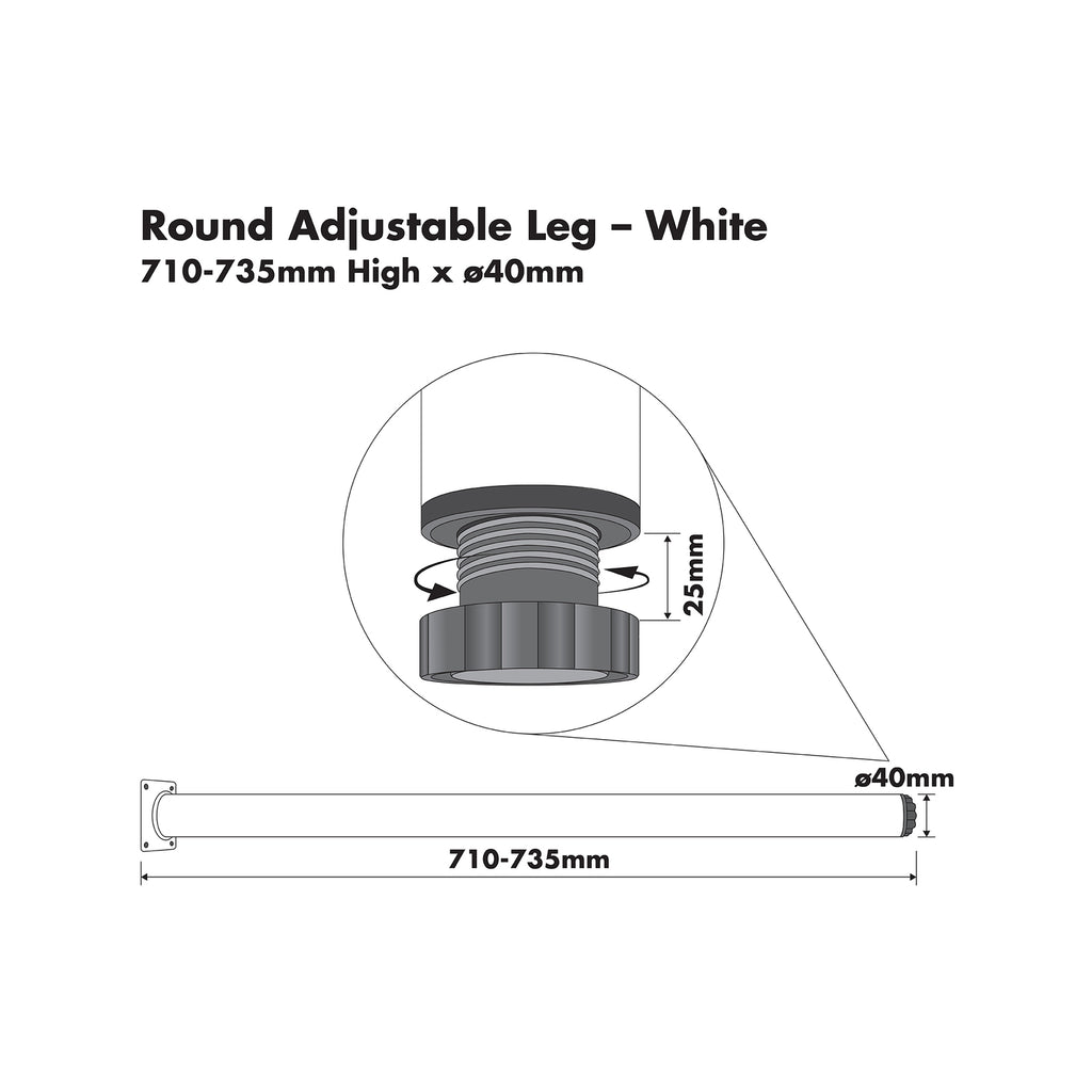 Adoored 40 x 710mm White Round Adjustable Metal Furniture Leg - Image 2 of 8