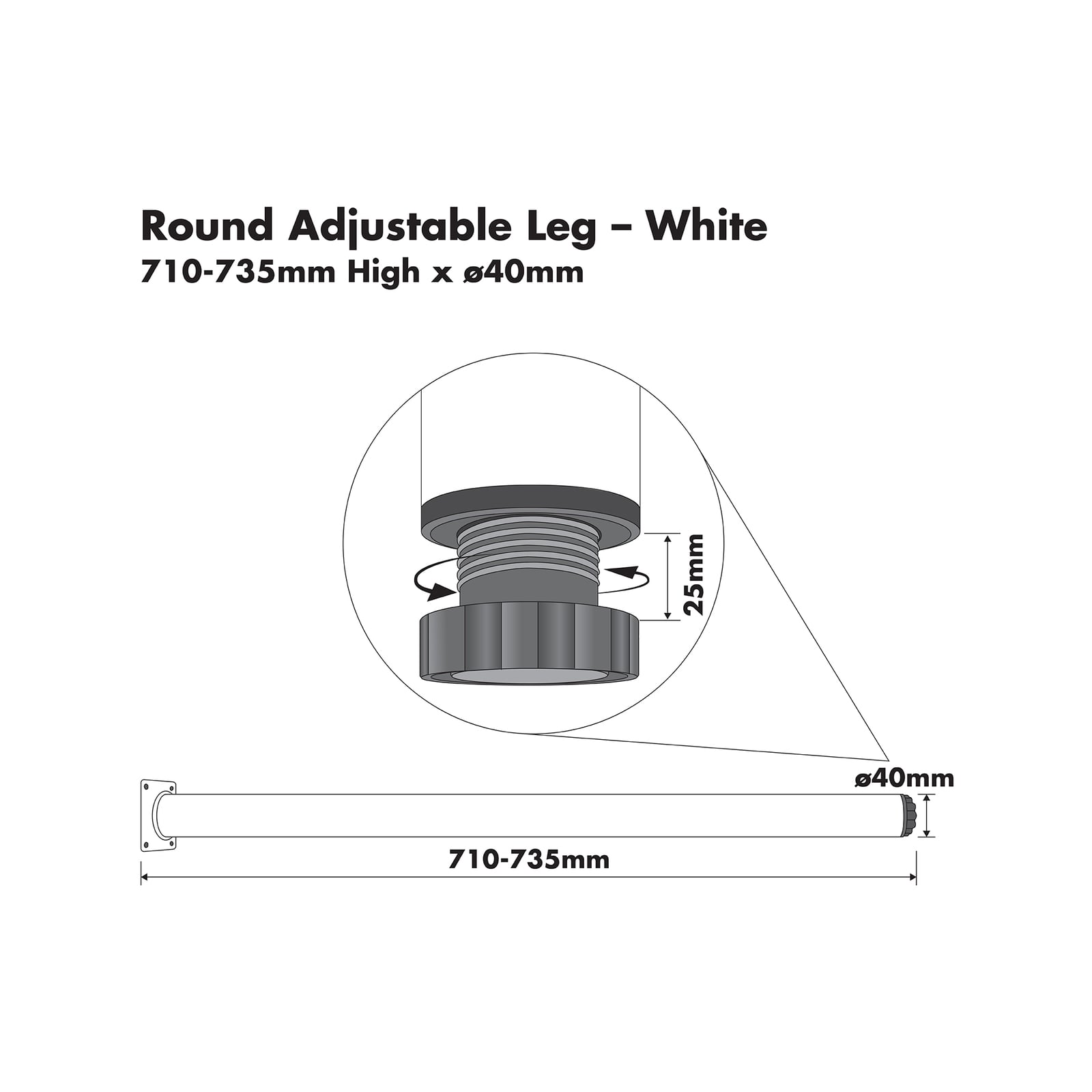 Adoored 40 x 710mm White Round Adjustable Metal Furniture Leg - Image 6 of 8