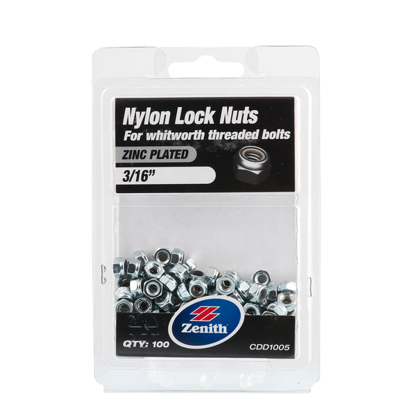 Zenith 3/16" Zinc Plated Nylon Lock Nut - 100 Pack