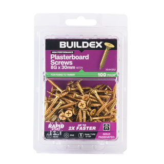 Buildex 8G x 30mm Gold Passivated Plasterboard Screws - 100 Pack