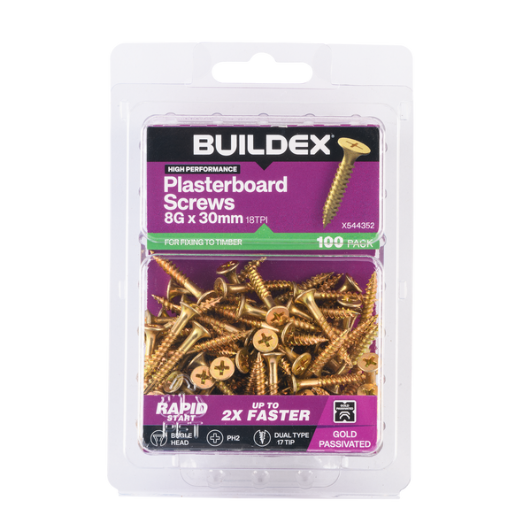 Buildex 8G x 30mm Gold Passivated Plasterboard Screws - 100 Pack