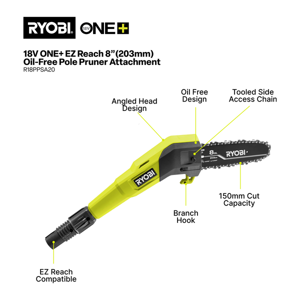 Ryobi 18V ONE+ 8” 203mm Oil-Free Pole Pruner Attachment R18PPSA20