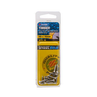 Zenith 6G x 15mm Stainless Steel Long Thread Countersunk Head Timber Screws - 16 Pack