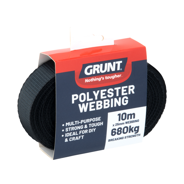 Grunt 25mm x 10m Black Poly Webbing - Black 10m