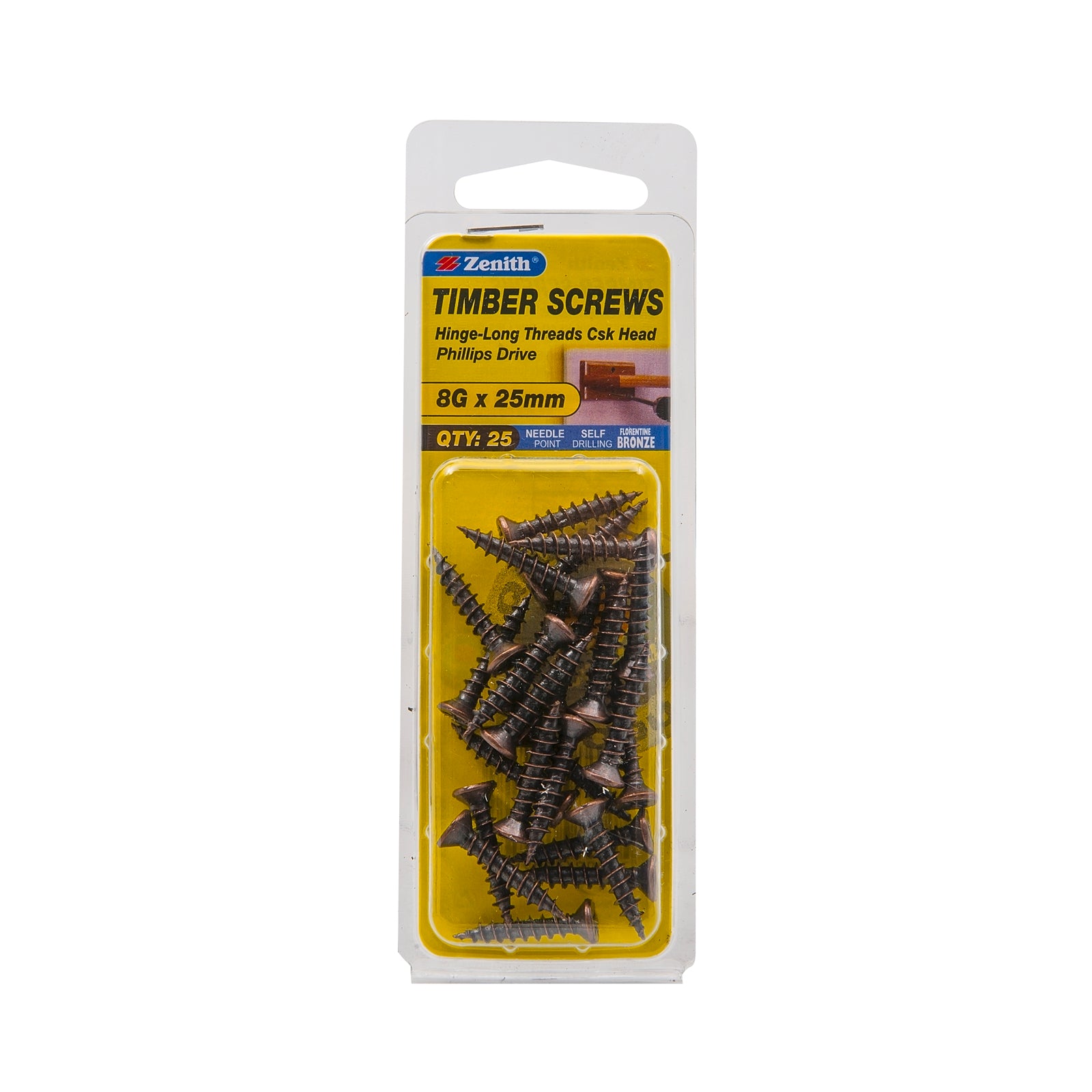 Zenith 8G x 25mm Florentine Bronze Hinge-Long Threads Countersunk Head Timber Screws - 25 Pack - Image 1 of 1