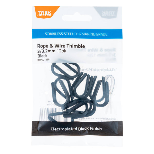 Taskmaster 3/3.2mm Black 316 Stainless Steel Rope And Wire Thimble - 12 Pack
