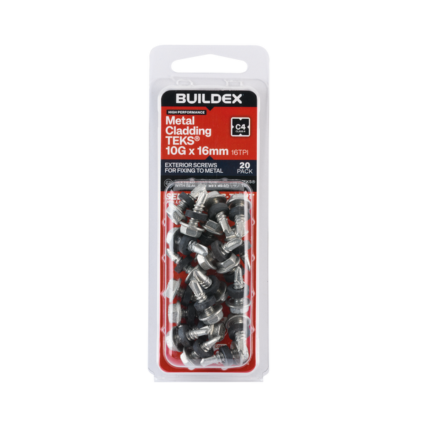 Buildex 10G x 16mm Class 4 Metal Cladding TEKS® Screws with Seal - 20 Pack