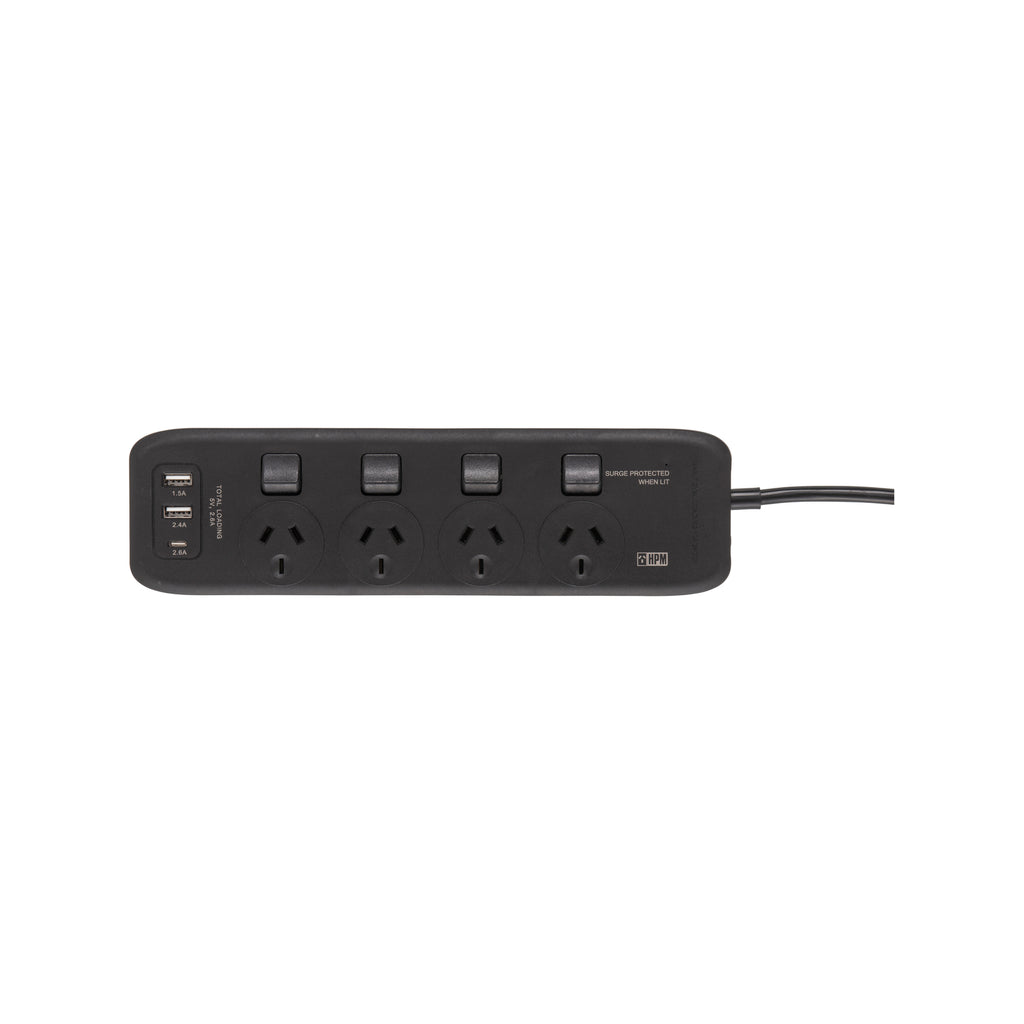 HPM 4 Outlet Black General Purpose USB Switched Powerboard - Image 1 of 2