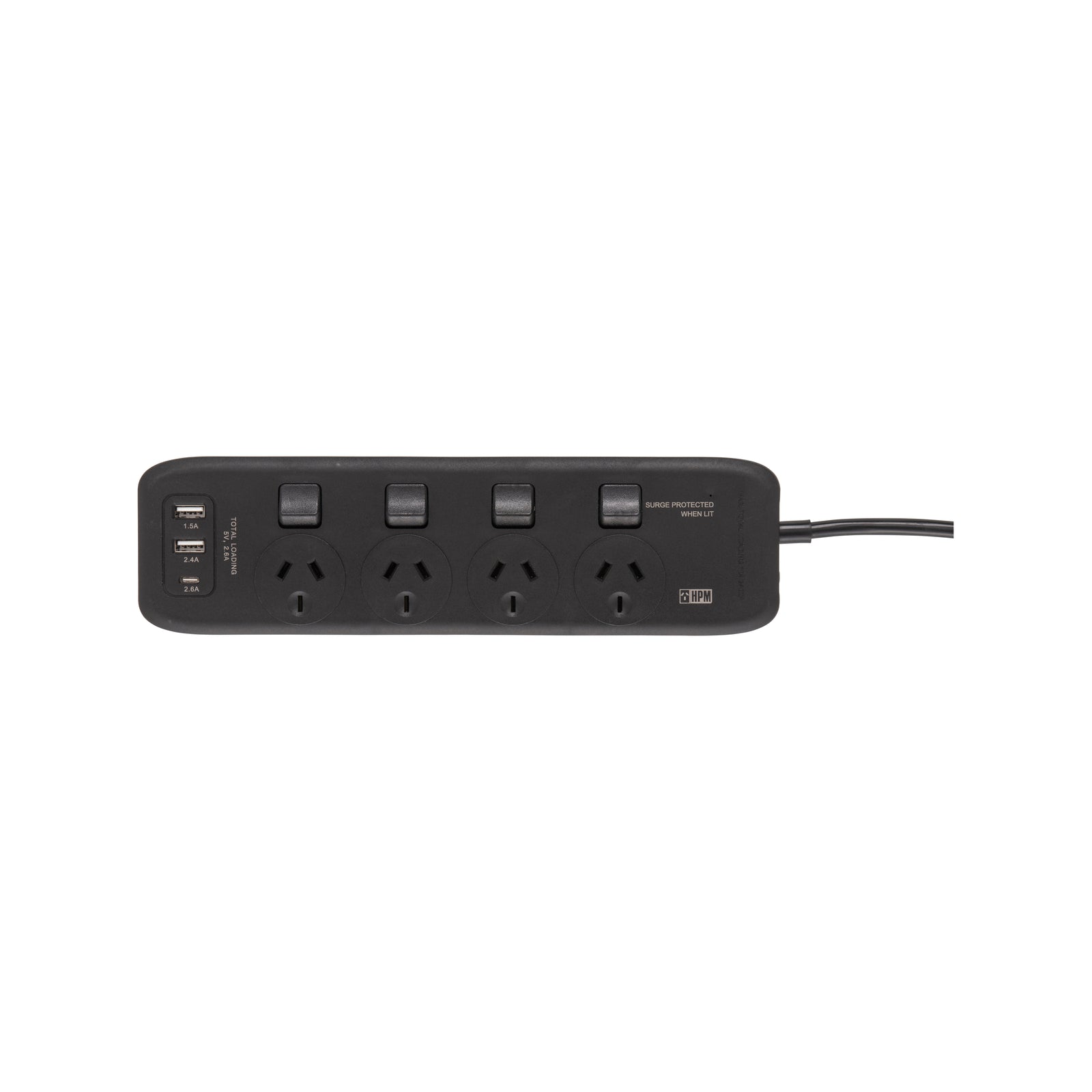 HPM 4 Outlet Black General Purpose USB Switched Powerboard - Image 1 of 2