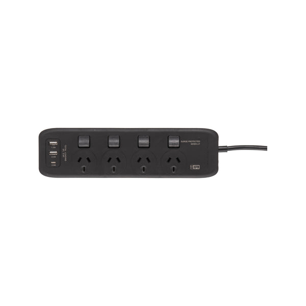 HPM 4 Outlet Black General Purpose USB Switched Powerboard