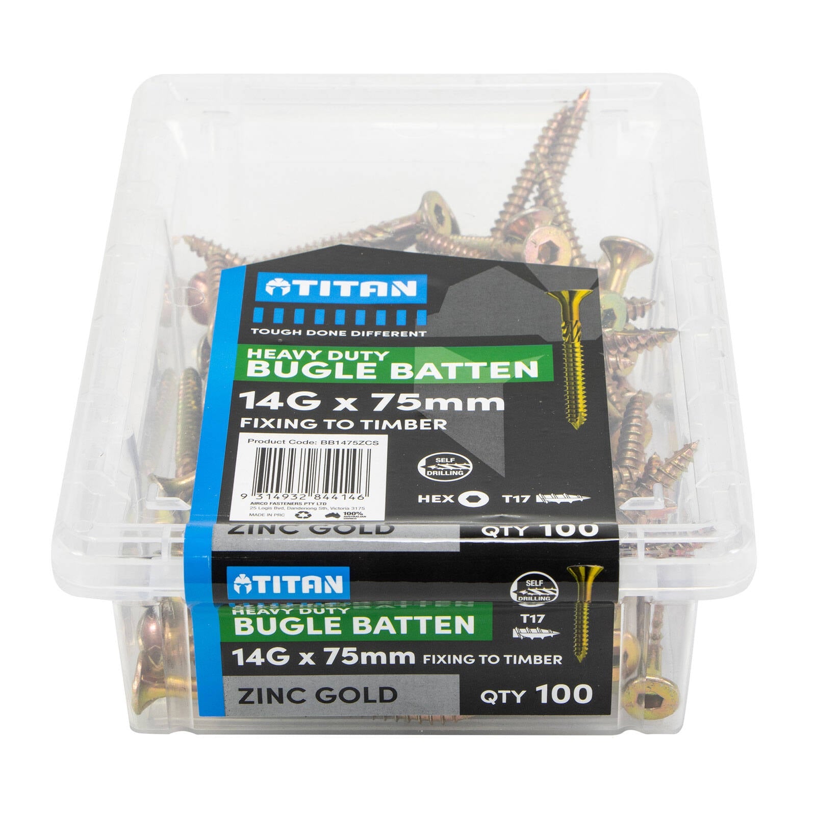Titan 14g x 75mm Zinc Gold Timber Bugle Batten Screw - 100 Pack - Image 1 of 7