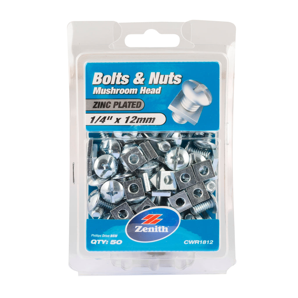 Zenith 1/4" x 12mm Zinc Plated Mushroom Head Bolts And Nuts - 50 Pack - Image 1 of 2