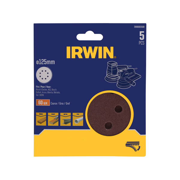 IRWIN 125mm 60 Grit 8 Holes Quick Fit Random Orbital Sanding Discs - 5 Pack