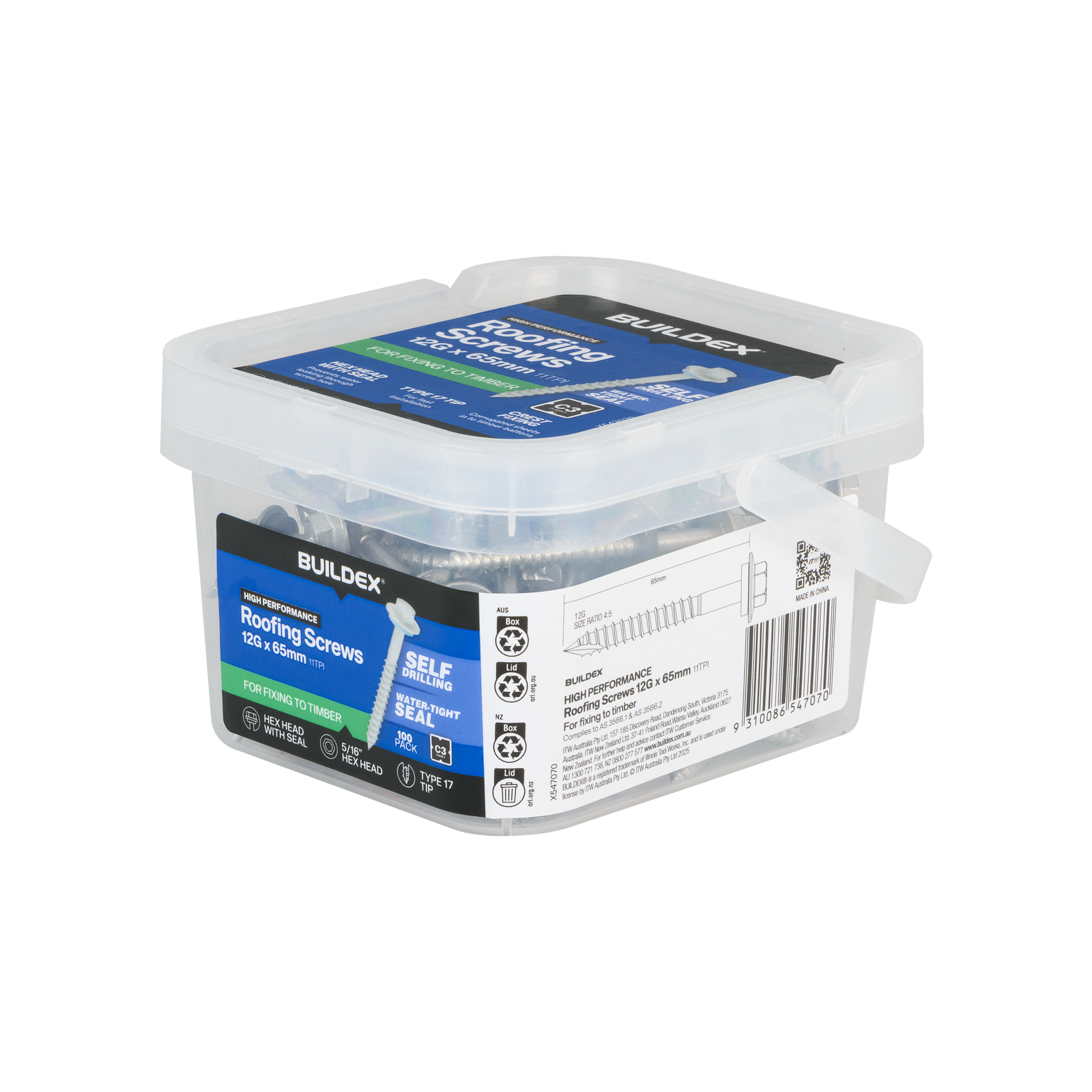 Buildex 12G x 65mm Class 3 Roofing Screws with Seal - 100 Pack - Image 3 of 3