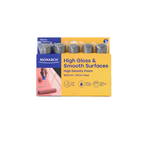 Monarch 160mm 9mm Nap High Gloss & Smooth Surfaces Mini Rollers - 5 Pack