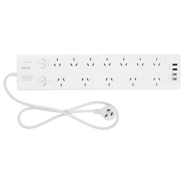 Arlec 12 Outlet Surge Protected Powerboard with PD20W Rapid Charging USB 2xA and 2xC