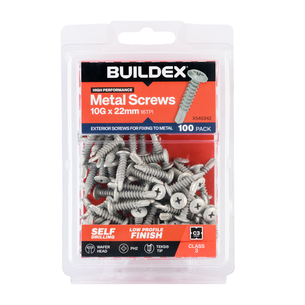 Buildex 10G x 22mm Class 3 Sheet Metal Screws - 100 Pack